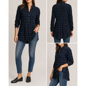Madewell Smocked Plaid Tunic Top Small Blue Green Boho Cottagecore